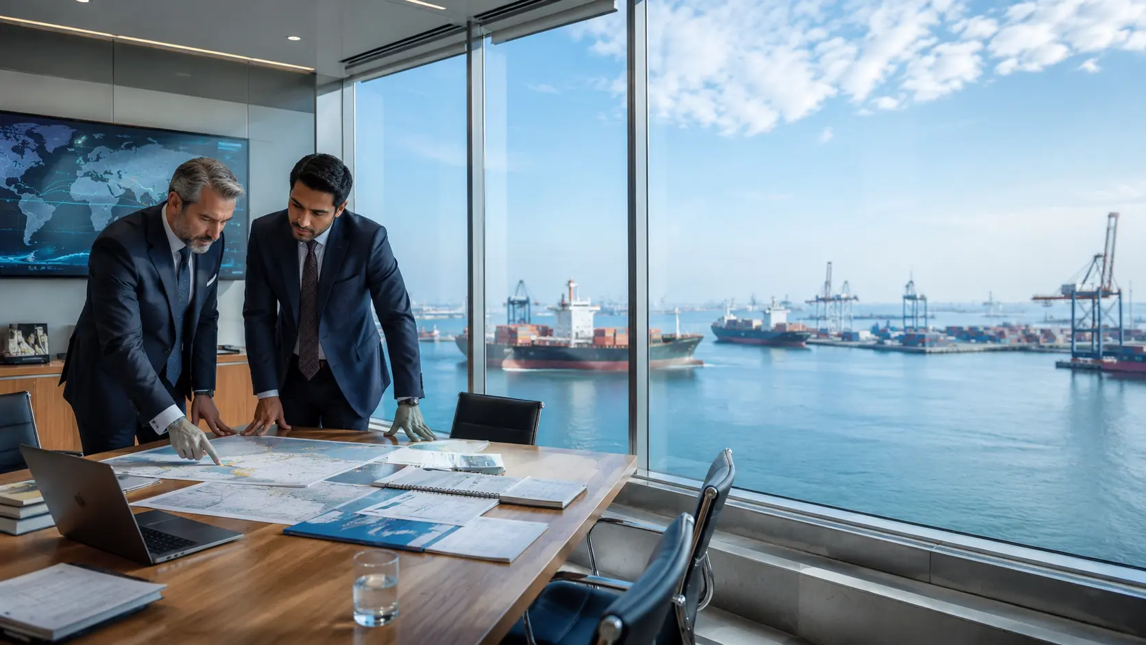 Commercial vessel navigating international trade route