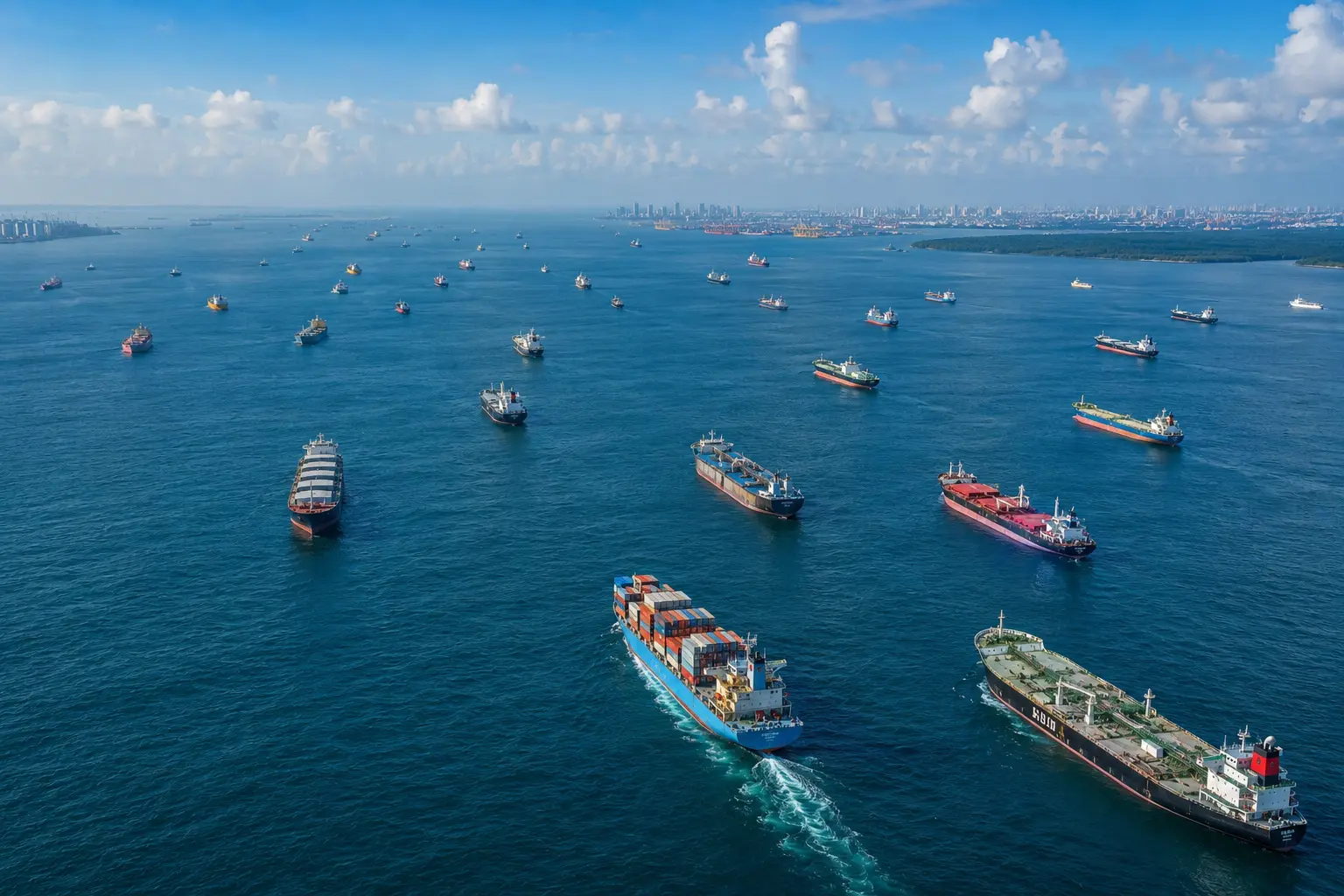 International cargo ship navigating sea lane